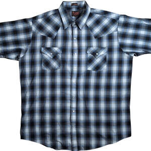 Plains Western Wear Shirt Mens XLT Tall Blue Plaid Pearl Snap Short Sleeve